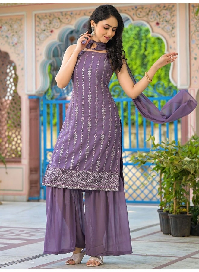AKS Couture Floral Embroidered Mirror Work Georgette Straight Kurta with Sharara & Dupatta - Image 5