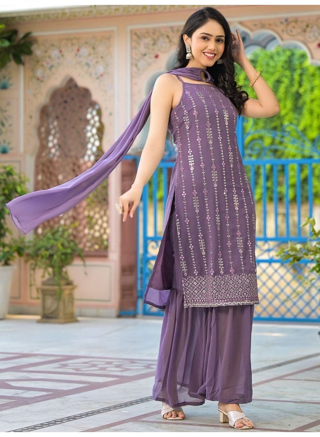 AKS Couture Floral Embroidered Mirror Work Georgette Straight Kurta with Sharara & Dupatta - Image 3