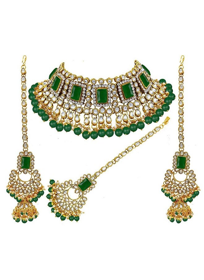 I Jewels I Jewels 18K Gold Plated Traditional Handcrafted Faux Kundan & Pearl Studded Bridal Choker Necklace Jewellery Set with Earrings & Maang Tikka (IJ401G) For Womens  - Image 1
