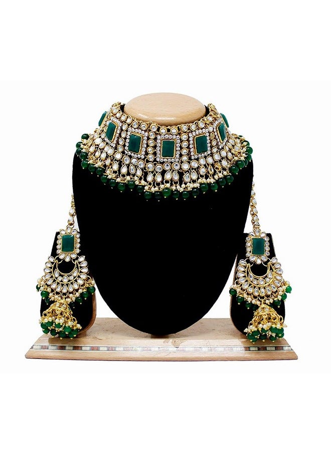 I Jewels I Jewels 18K Gold Plated Traditional Handcrafted Faux Kundan & Pearl Studded Bridal Choker Necklace Jewellery Set with Earrings & Maang Tikka (IJ401G) For Womens  - Image 4