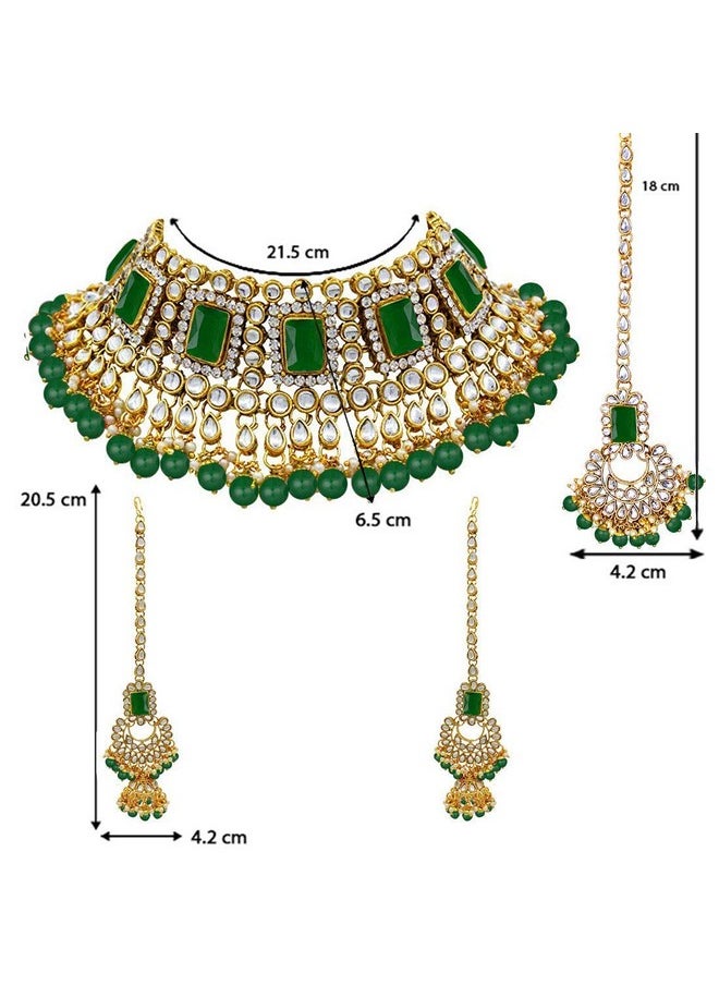 I Jewels I Jewels 18K Gold Plated Traditional Handcrafted Faux Kundan & Pearl Studded Bridal Choker Necklace Jewellery Set with Earrings & Maang Tikka (IJ401G) For Womens  - Image 3
