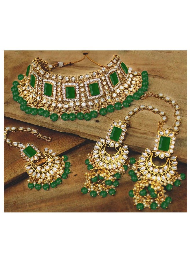 I Jewels I Jewels 18K Gold Plated Traditional Handcrafted Faux Kundan & Pearl Studded Bridal Choker Necklace Jewellery Set with Earrings & Maang Tikka (IJ401G) For Womens  - Image 2