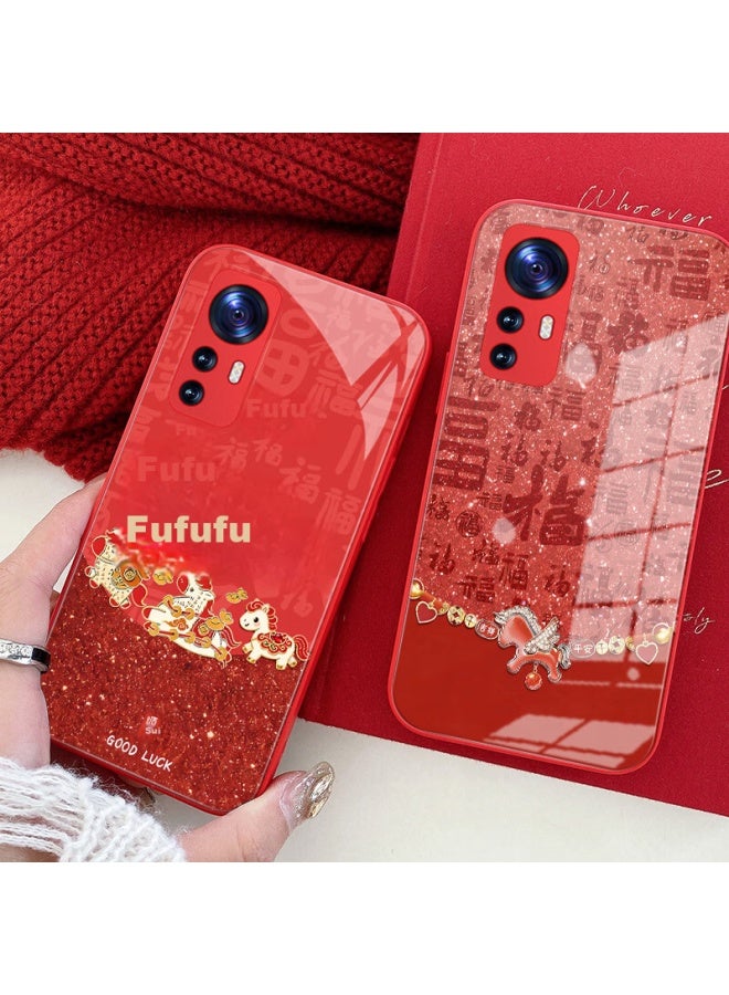 Bashidai Xiaomi 12 Pro Case, Chinese Red Full Coverage Shockproof Glass Protective Cover For Xiaomi 12 Pro, Year Of The Horse  New Year Edition, Uni - Image 1