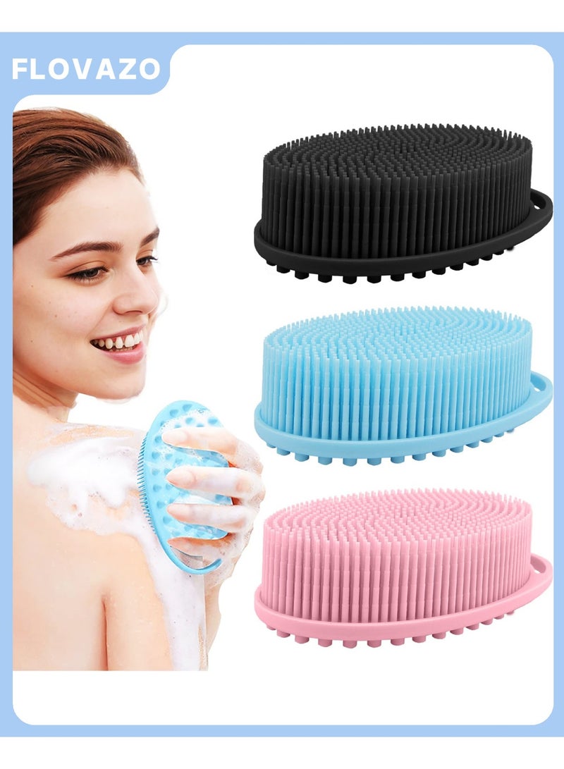 FLOVAZO 3 Pack Silicone Body Scrubber, Exfoliating Soft Loofah, Scrubber Fit for Sensitive and All Kinds of Skin, Clean Sanitary, Rapid Foaming Black+blue+pink - Image 1