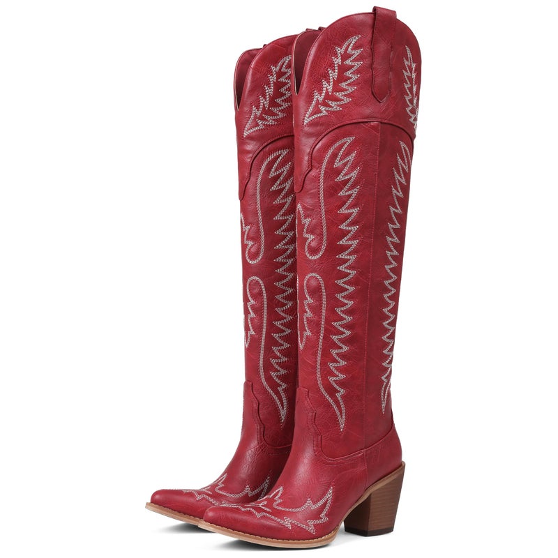 CELNEPHO Cowboy Boots For Women Over The Knee Western Boots With Classic Embroidered Chunky Heel Slip On Zipper Square Toe Fashion Cowgirl Thigh High Boots For Women - Image 1