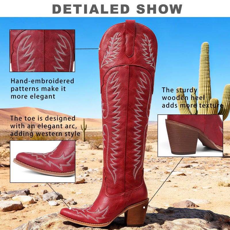 CELNEPHO Cowboy Boots For Women Over The Knee Western Boots With Classic Embroidered Chunky Heel Slip On Zipper Square Toe Fashion Cowgirl Thigh High Boots For Women - Image 4