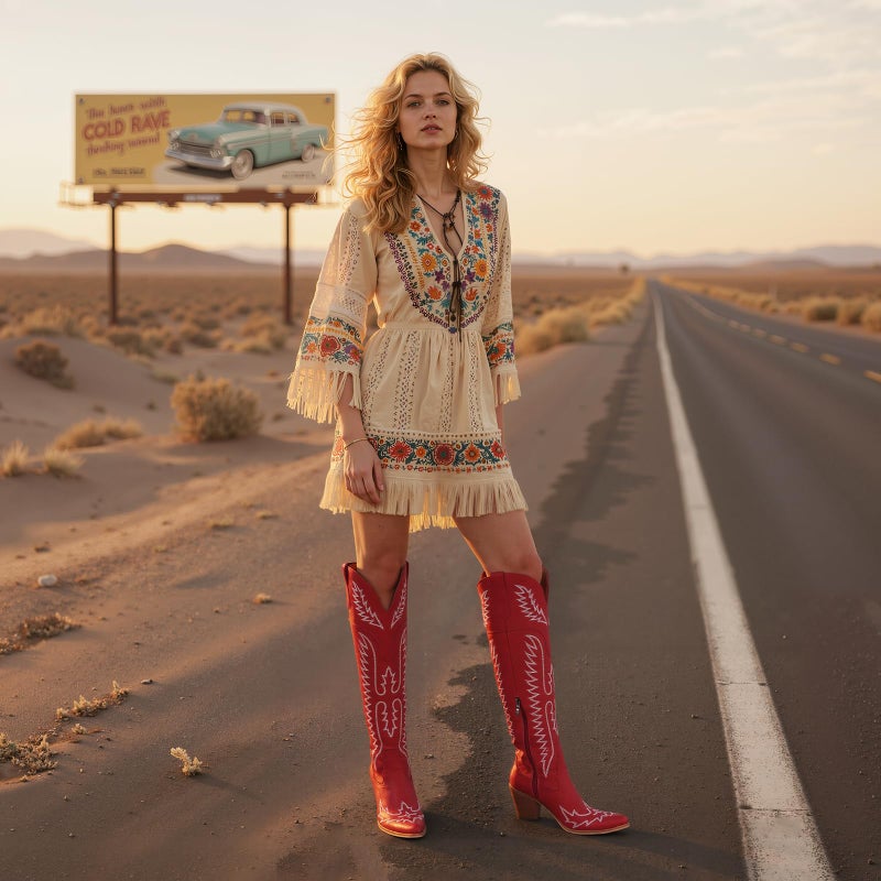 CELNEPHO Cowboy Boots For Women Over The Knee Western Boots With Classic Embroidered Chunky Heel Slip On Zipper Square Toe Fashion Cowgirl Thigh High Boots For Women - Image 3
