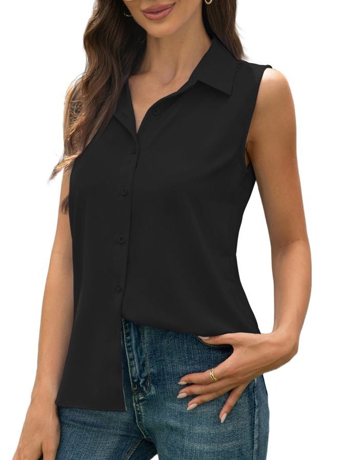 JTD Women's Sleeveless Button Down Shirts Casual Collared Tank Top V Neck Summer Blouses Work Office Chiffon Tops, Black, M - Image 1