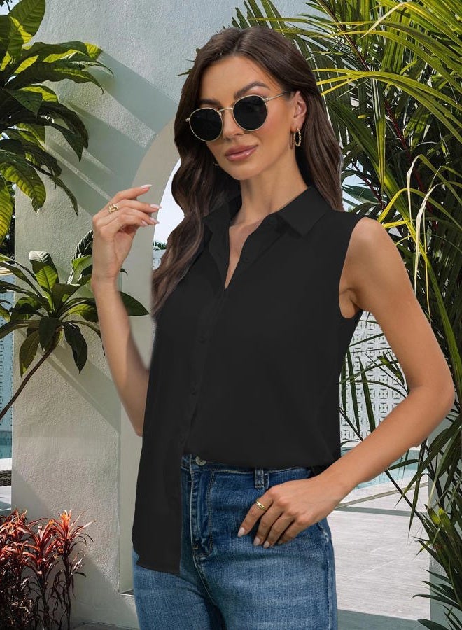 JTD Women's Sleeveless Button Down Shirts Casual Collared Tank Top V Neck Summer Blouses Work Office Chiffon Tops, Black, M - Image 3