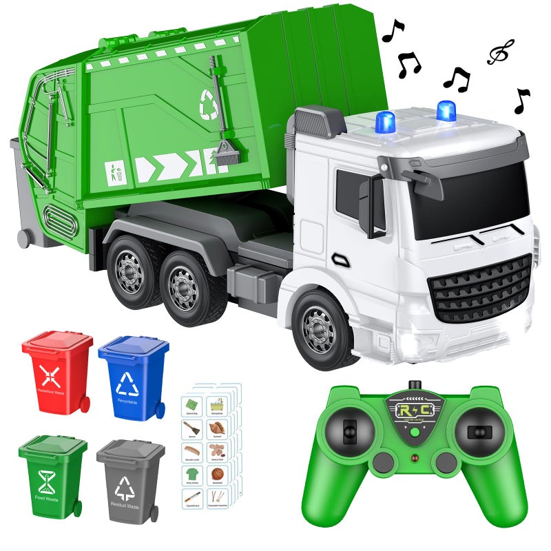 CALEST 24Ghz RC Garbage Truck with 4 Trash Cans 6 Channel Remote Control Waste Management Toy 100pcs Garbage Sorting Cards Boys 3 - Image 3