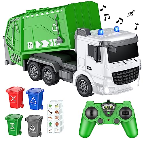CALEST 24Ghz RC Garbage Truck with 4 Trash Cans 6 Channel Remote Control Waste Management Toy 100pcs Garbage Sorting Cards Boys 3 - Image 1