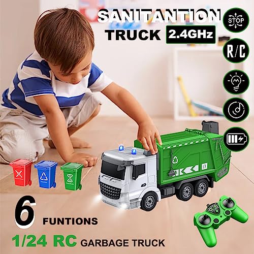 CALEST 24Ghz RC Garbage Truck with 4 Trash Cans 6 Channel Remote Control Waste Management Toy 100pcs Garbage Sorting Cards Boys 3 - Image 5