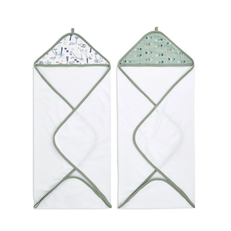 aden + anais Aden Classic Hooded Baby Bath Towel, Super Soft 100% Cotton, 2 Pack, Dinotime - Image 1