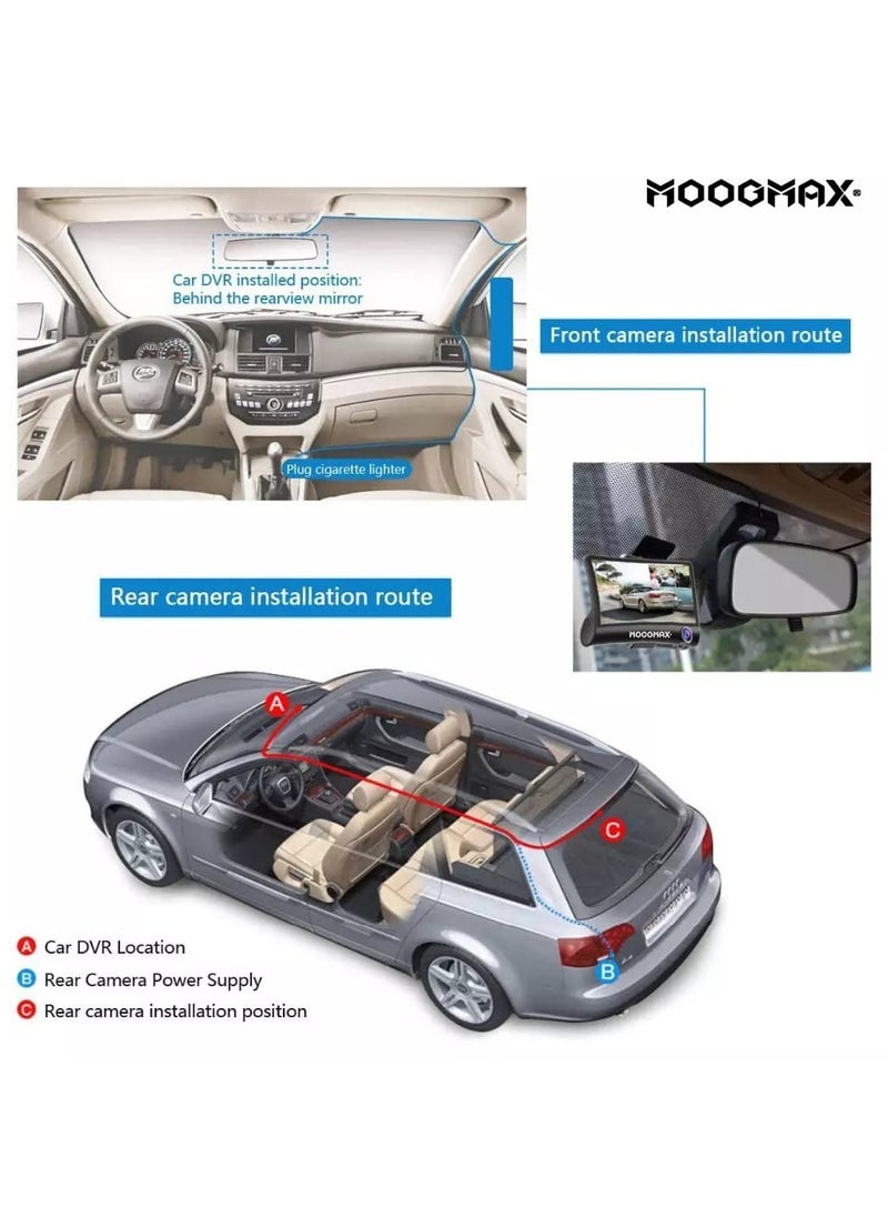 MOOGMAX - Dash Cam Mini car camera with three lenses (front/back/interior) with supports WIFI and app to control &1080P full HD and Mic for sound recording, supports night vision, with side buttons control, and TF memory up to (32GBmax).(not included). - Image 1