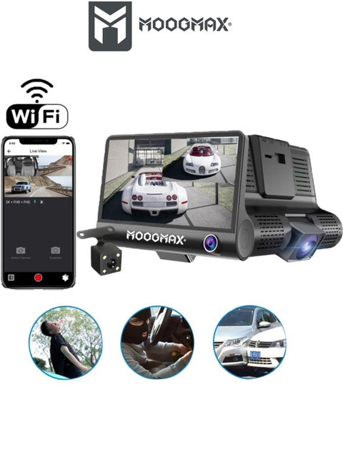 Dash Cam Mini car camera with three lenses (front/back/interior) with supports WIFI and app to control &1080P full HD and Mic for sound recording, supports night vision, with side buttons control, and TF memory up to (32GBmax).(not included).