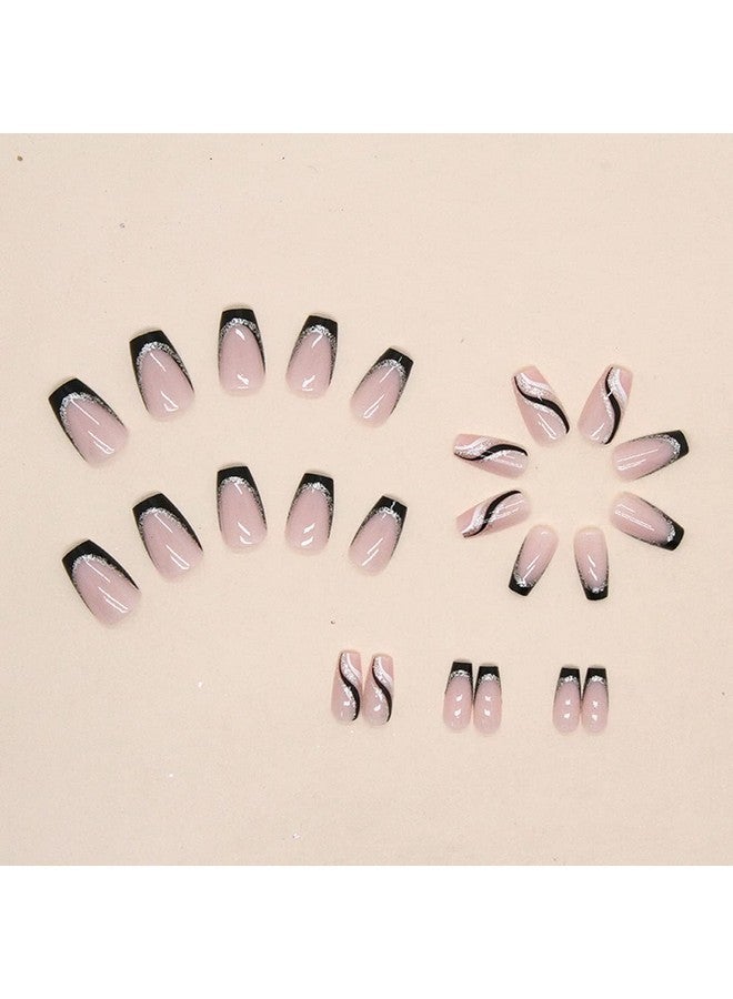 YKZFUI 24Pcs Black French Tip Press On Nails Medium Length Square Fake Nails With Silver Glitter Line Designs Glossy Coffin Nails Full Cover Nail Tips Glue On Nails Artificial Acrylic False Nails For Women - Image 3