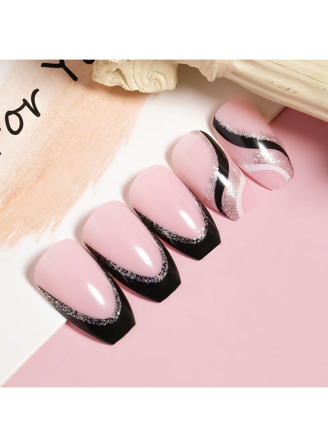 YKZFUI 24Pcs Black French Tip Press On Nails Medium Length Square Fake Nails With Silver Glitter Line Designs Glossy Coffin Nails Full Cover Nail Tips Glue On Nails Artificial Acrylic False Nails For Women - Image 5
