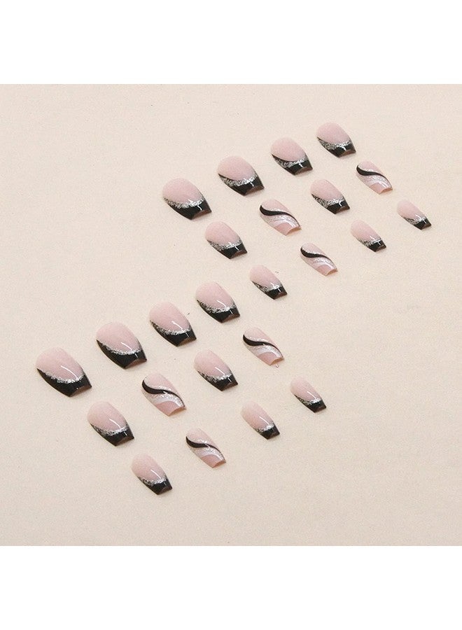 YKZFUI 24Pcs Black French Tip Press On Nails Medium Length Square Fake Nails With Silver Glitter Line Designs Glossy Coffin Nails Full Cover Nail Tips Glue On Nails Artificial Acrylic False Nails For Women - Image 4