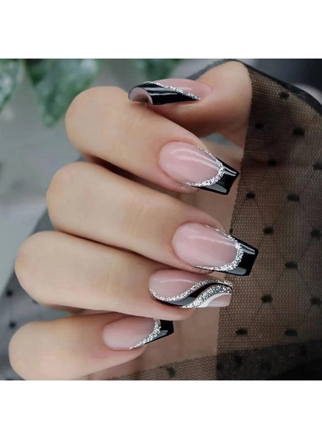 YKZFUI 24Pcs Black French Tip Press On Nails Medium Length Square Fake Nails With Silver Glitter Line Designs Glossy Coffin Nails Full Cover Nail Tips Glue On Nails Artificial Acrylic False Nails For Women - Image 1