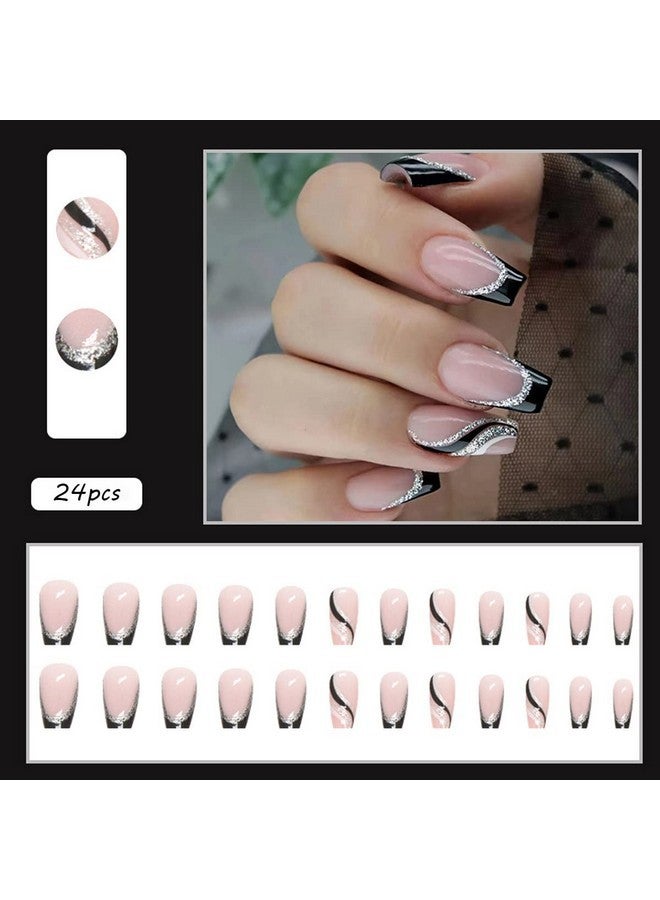 YKZFUI 24Pcs Black French Tip Press On Nails Medium Length Square Fake Nails With Silver Glitter Line Designs Glossy Coffin Nails Full Cover Nail Tips Glue On Nails Artificial Acrylic False Nails For Women - Image 2