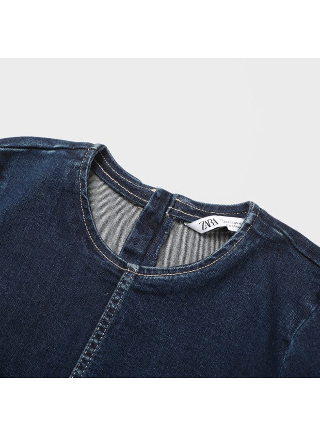 Zara Slim-fit Retro Commuter Back-zip Round Neck Denim Dress - Image 4