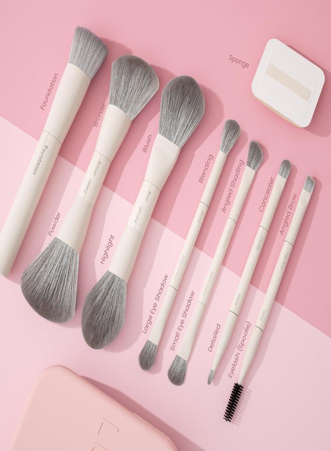 مجموعة فرش مكياج LULUCOLORS 13 في 1 ذات طرفين مع إسفنجة وحقيبة سفر - 7 فرش متعددة الوظائف للوجه والعينين - شعيرات ناعمة، مقابض خشبية - متوفرة باللون الكريمي أو الأخضر أو الوردي (وردي فاتح) - Image 5