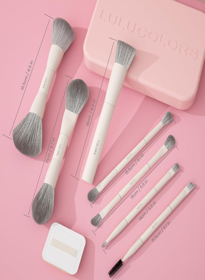 مجموعة فرش مكياج LULUCOLORS 13 في 1 ذات طرفين مع إسفنجة وحقيبة سفر - 7 فرش متعددة الوظائف للوجه والعينين - شعيرات ناعمة، مقابض خشبية - متوفرة باللون الكريمي أو الأخضر أو الوردي (وردي فاتح) - Image 3