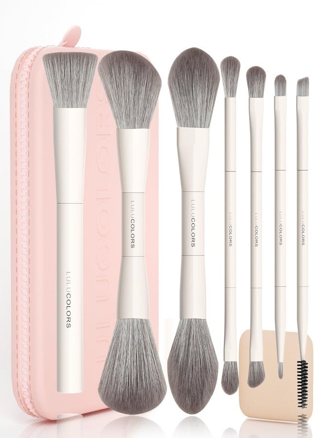 مجموعة فرش مكياج LULUCOLORS 13 في 1 ذات طرفين مع إسفنجة وحقيبة سفر - 7 فرش متعددة الوظائف للوجه والعينين - شعيرات ناعمة، مقابض خشبية - متوفرة باللون الكريمي أو الأخضر أو الوردي (وردي فاتح) - Image 1