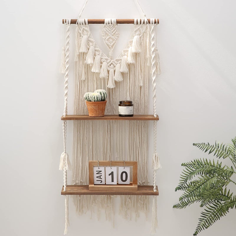 ANROYE 2 Tier Macrame Boho Wall Hanging Shelf Handmade Bohemian Wooden Woven Plant Floating Shelves Decor Decorative Chic Organizer for Bathroom Women Bedroom Girl Nursery Storage