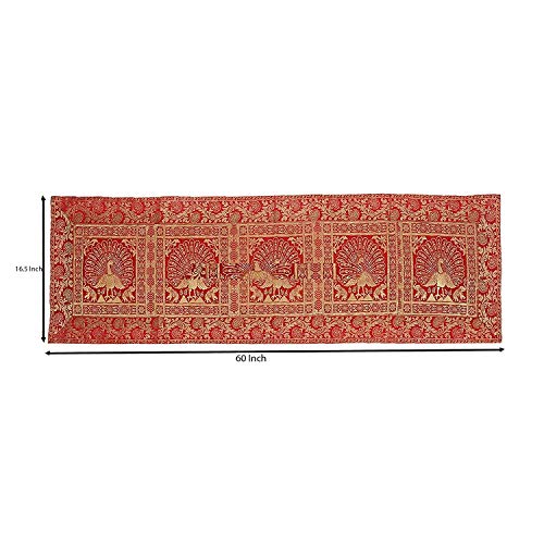 E - Ezra Banarsi Brocade ining Table Runner Centre Table Red Gold Dancing Peacock Floral Traditional Table Cloth Rectangle Decorative ining Table Runner Long | 60x16 Inches (152 x 40 cm) (Red) - Image 2