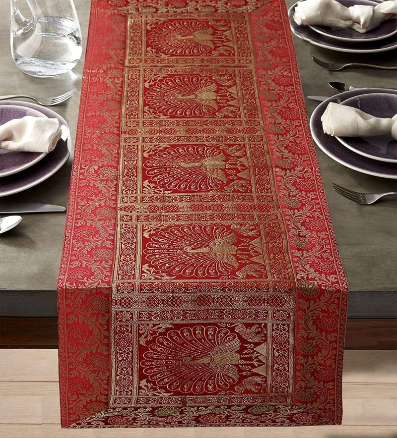 E - Ezra Banarsi Brocade ining Table Runner Centre Table Red Gold Dancing Peacock Floral Traditional Table Cloth Rectangle Decorative ining Table Runner Long | 60x16 Inches (152 x 40 cm) (Red) - Image 5