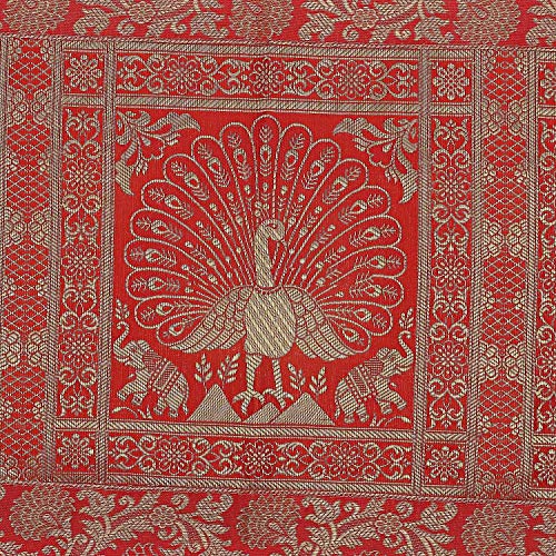 E - Ezra Banarsi Brocade ining Table Runner Centre Table Red Gold Dancing Peacock Floral Traditional Table Cloth Rectangle Decorative ining Table Runner Long | 60x16 Inches (152 x 40 cm) (Red) - Image 4