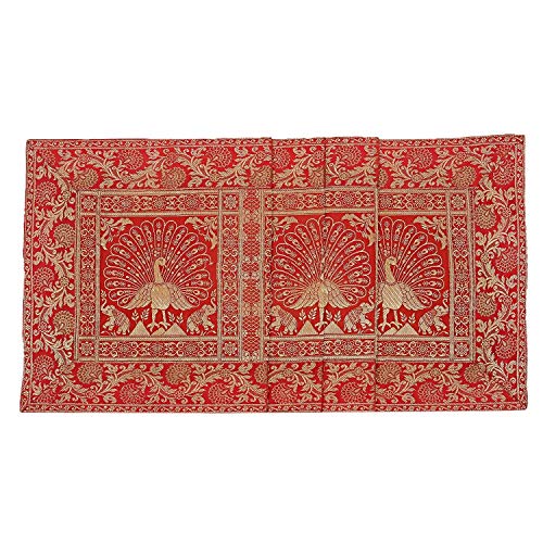 E - Ezra Banarsi Brocade ining Table Runner Centre Table Red Gold Dancing Peacock Floral Traditional Table Cloth Rectangle Decorative ining Table Runner Long | 60x16 Inches (152 x 40 cm) (Red) - Image 3