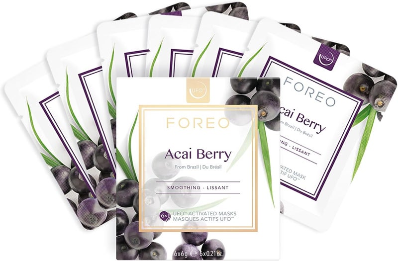 FOREO Acai Berry UFO Activated Facial Mask for Dry and Aging Skin 6 pack Antioxidant Smoothing Plumping Hydrating Acai Berry Shea Butter CrueltyFree Clean Compatible with all UFO devices
