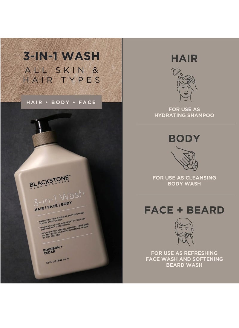 BLACKSTONE Blackstone 3-in-1 Wash for Men | Cleanses & Conditions Hair, Body, & Face | For All Skin & Hair Types | With Caffeine, Vitamin C, Hemp Seed Oil & Biotin - Bourbon & Cedar, 32 fl oz  - Image 2