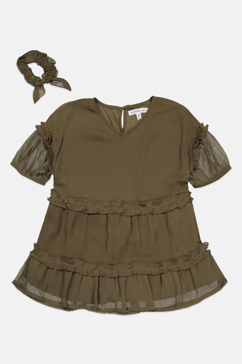 Madden Girl Kids Girl V-Neck Solid Dress, Olive - Image 1