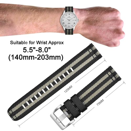 ANNEFIT Quick Release Watch Bands 20mm, Military Nylon Watch Strap for Men, Heavy Duty Stainless Steel Brushed Silver Buckle (Black/Grey) - Image 4