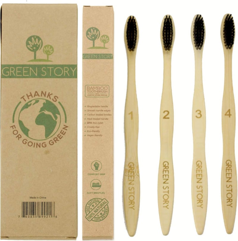 BFYSYO Biodegradable Eco-Friendly Charcoal Infused Bristle Bamboo Toothbrush - Pack of 4 - Image 2