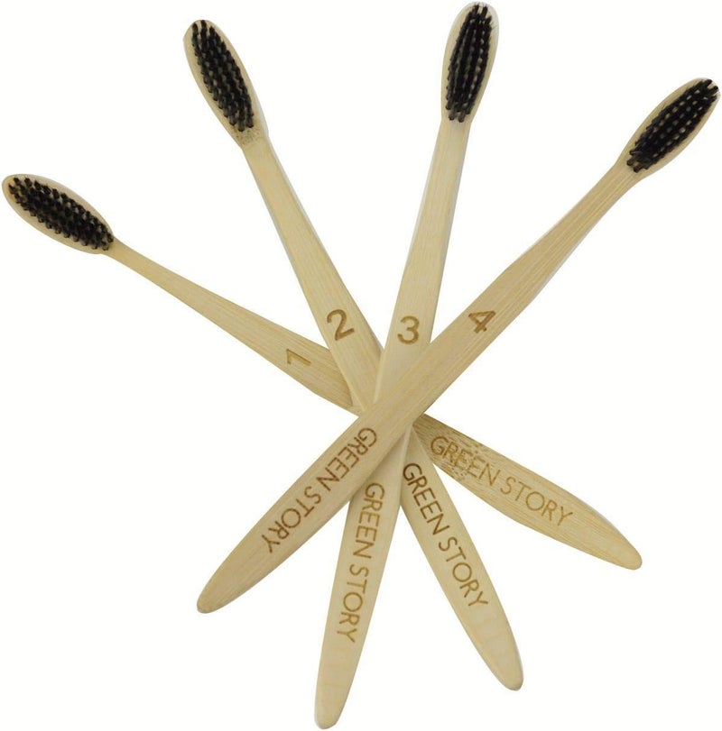 BFYSYO Biodegradable Eco-Friendly Charcoal Infused Bristle Bamboo Toothbrush - Pack of 4 - Image 1