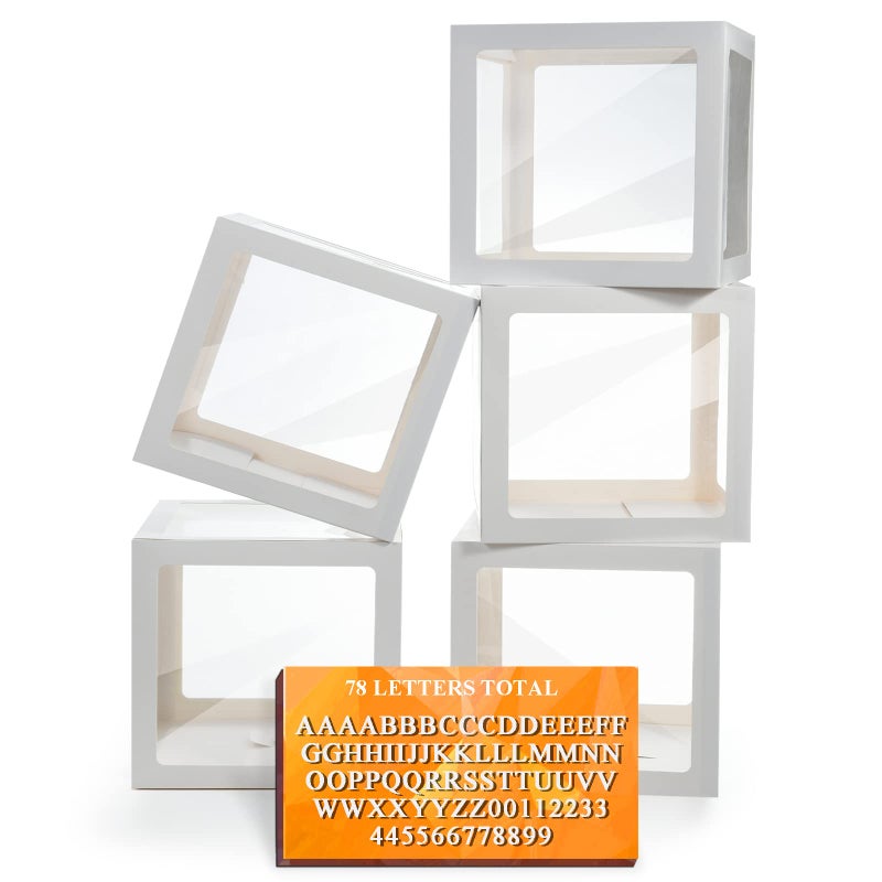 White Transparent Balloon Boxes Clear Baby Boxes with 78 Letters for Custom Name Balloon Box Blocks Backdrop for Bride Shower Baby Shower Birthday Boy Girl Gender Reveal Graduation Party Decor 5PCS