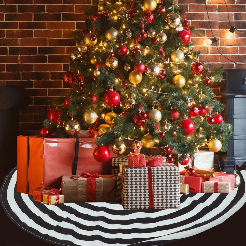 Xmas Tree Skirt 90cm Black and White Striped Christmas Floor Mat Brushed Fabric Tree Base Cover Holiday Decoration for Home Seasonal Décor - Image 5