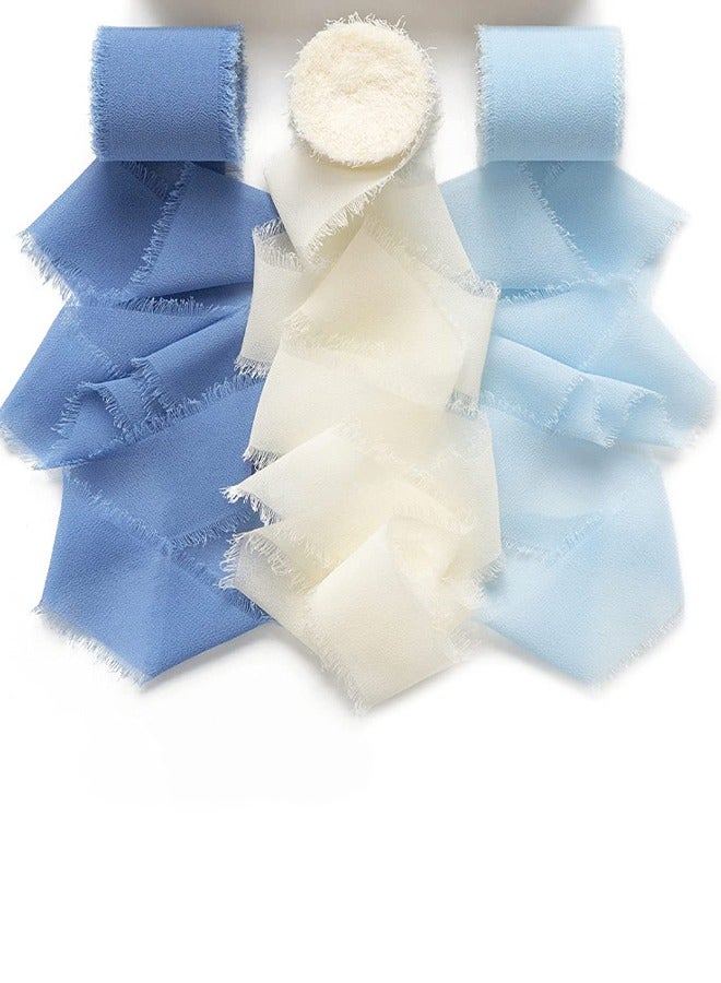 Generic Hand-torn chiffon ribbon tassel bow band, Beige+Sky Blue+Haze Blue  - Image 1