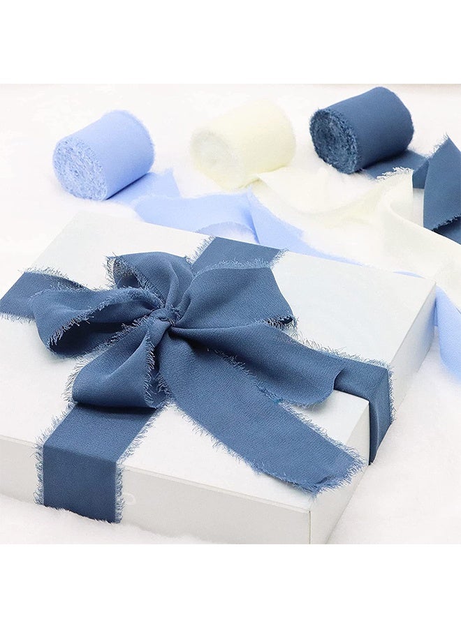 Generic Hand-torn chiffon ribbon tassel bow band, Beige+Sky Blue+Haze Blue  - Image 2