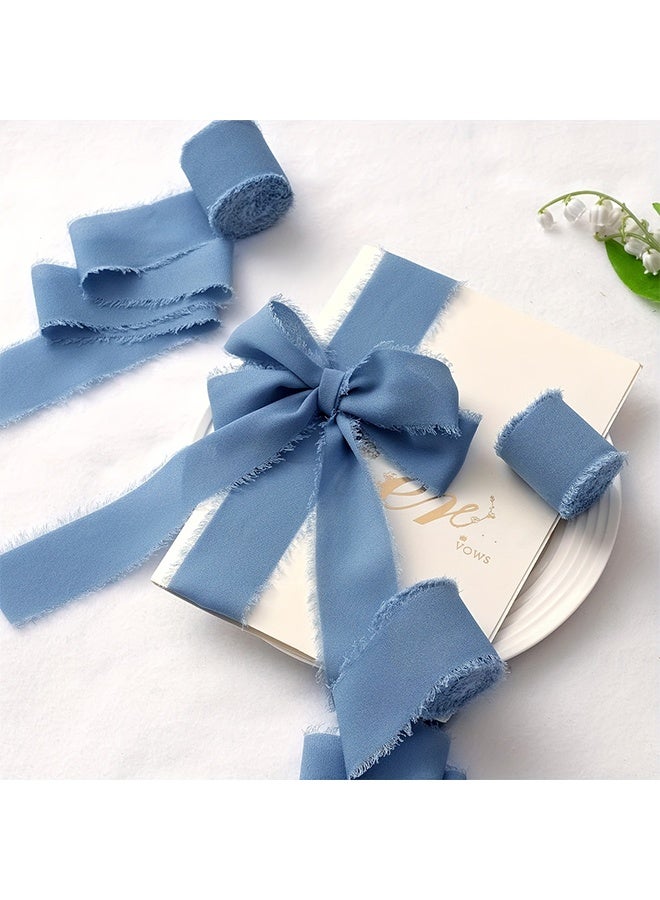 Generic Hand-torn chiffon ribbon tassel bow band, Beige+Sky Blue+Haze Blue  - Image 4