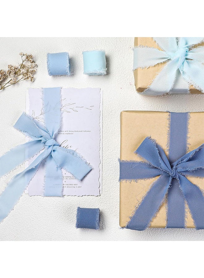 Generic Hand-torn chiffon ribbon tassel bow band, Beige+Sky Blue+Haze Blue  - Image 3