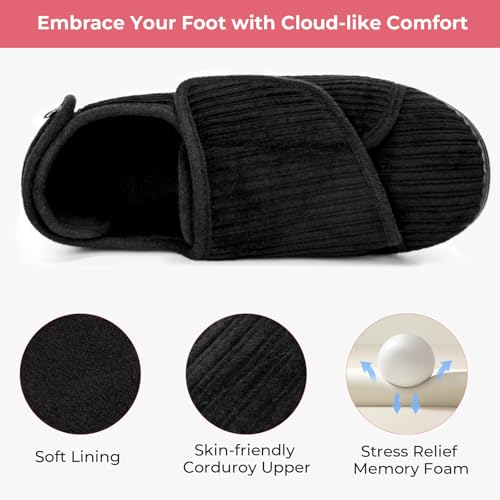 HomeTop Women's Corduroy Slippers Comfy Adjustable Hook and Loop Memory Foam Indoor Closed-back House Shoes for Diabetic Swollen Feet Matt Black, 8 US - Image 4