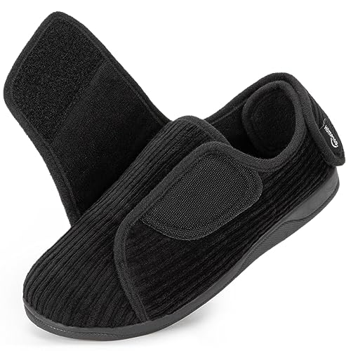 HomeTop Women's Corduroy Slippers Comfy Adjustable Hook and Loop Memory Foam Indoor Closed-back House Shoes for Diabetic Swollen Feet Matt Black, 8 US - Image 1
