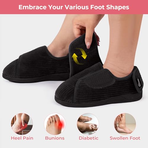 HomeTop Women's Corduroy Slippers Comfy Adjustable Hook and Loop Memory Foam Indoor Closed-back House Shoes for Diabetic Swollen Feet Matt Black, 8 US - Image 3