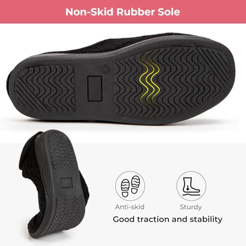 HomeTop Women's Corduroy Slippers Comfy Adjustable Hook and Loop Memory Foam Indoor Closed-back House Shoes for Diabetic Swollen Feet Matt Black, 8 US - Image 5