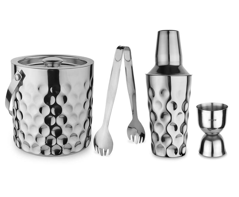 Steren Impex Stainless Steel 4 Piece Coin Design Bar Set for DrinkGift Double Wall Ice Bucket with Tong Peg Measurer Cocktail Shaker - Image 1